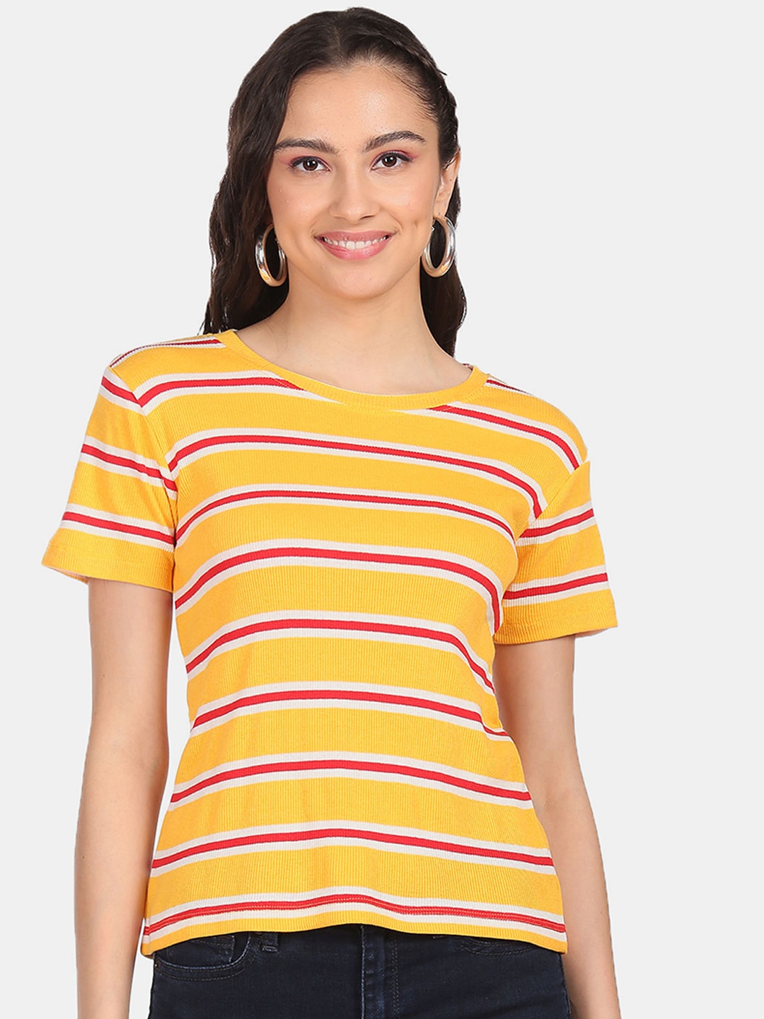 

Sugr Women Yellow Striped Round Neck T-shirt