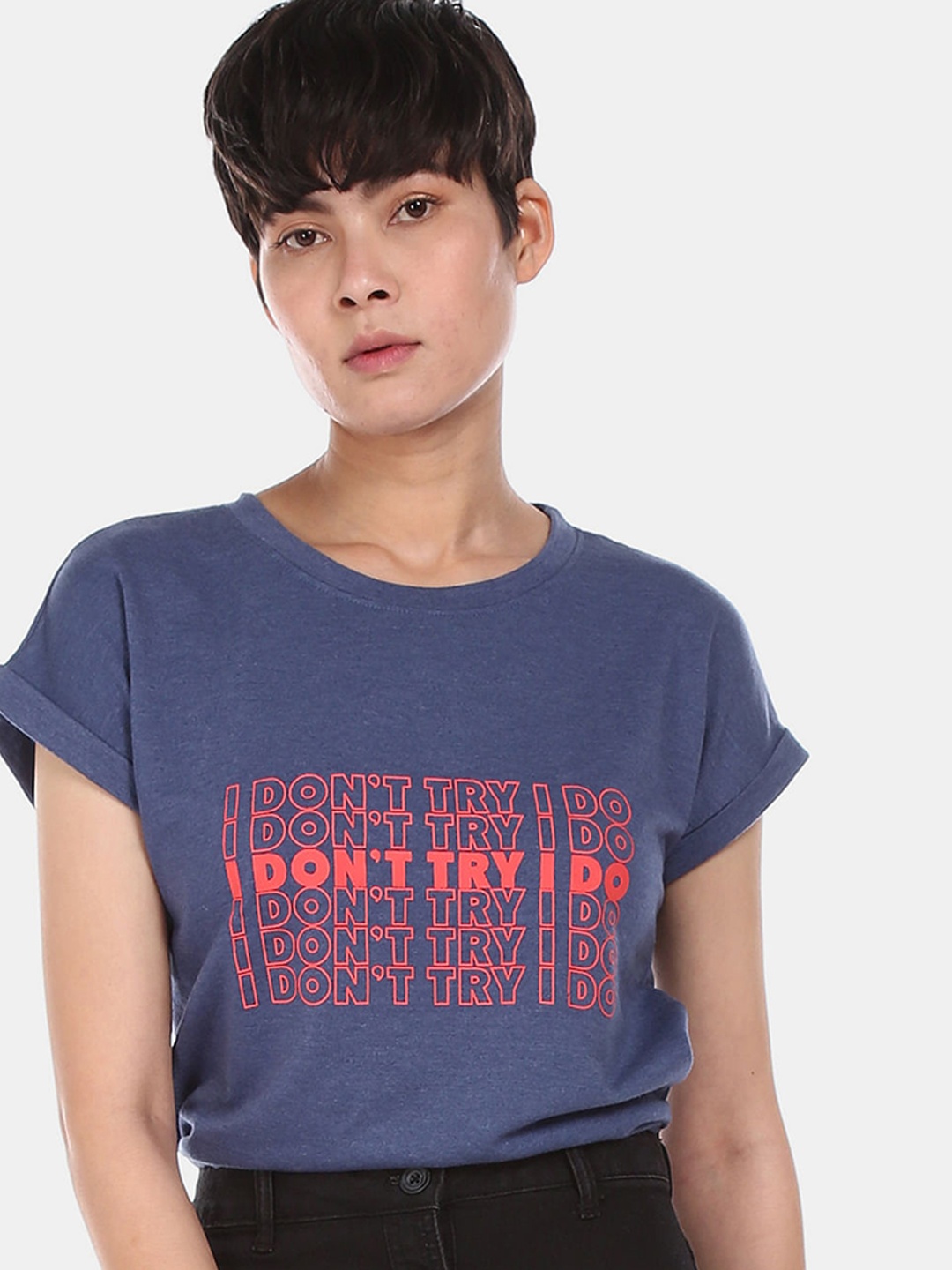 

Sugr Women Navy Blue Printed Round Neck T-shirt