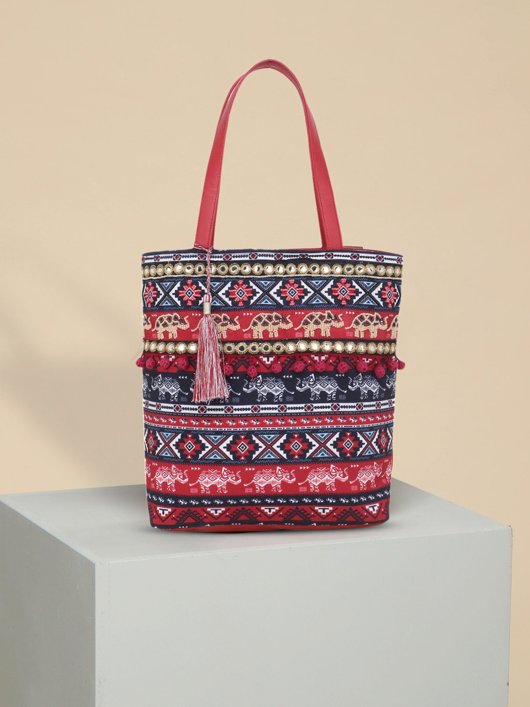 

Anekaant Maroon & Black Embellished Tote Bag