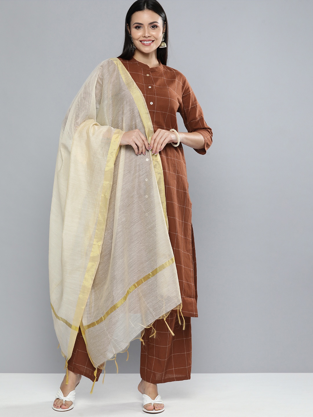 

Vishudh Women Brown Checked Kurta with Palazzos & Dupatta