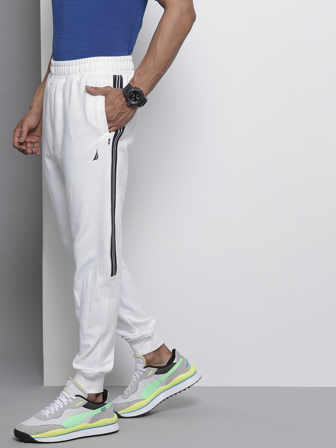 

Nautica Men White Solid Joggers with Side Striped Detail