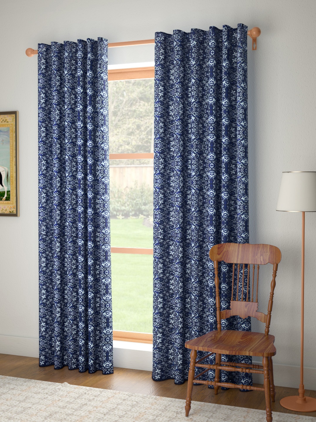 

House of Pataudi Navy Blue & White Cotton Flax Ethnic Motifs Print Door Curtain