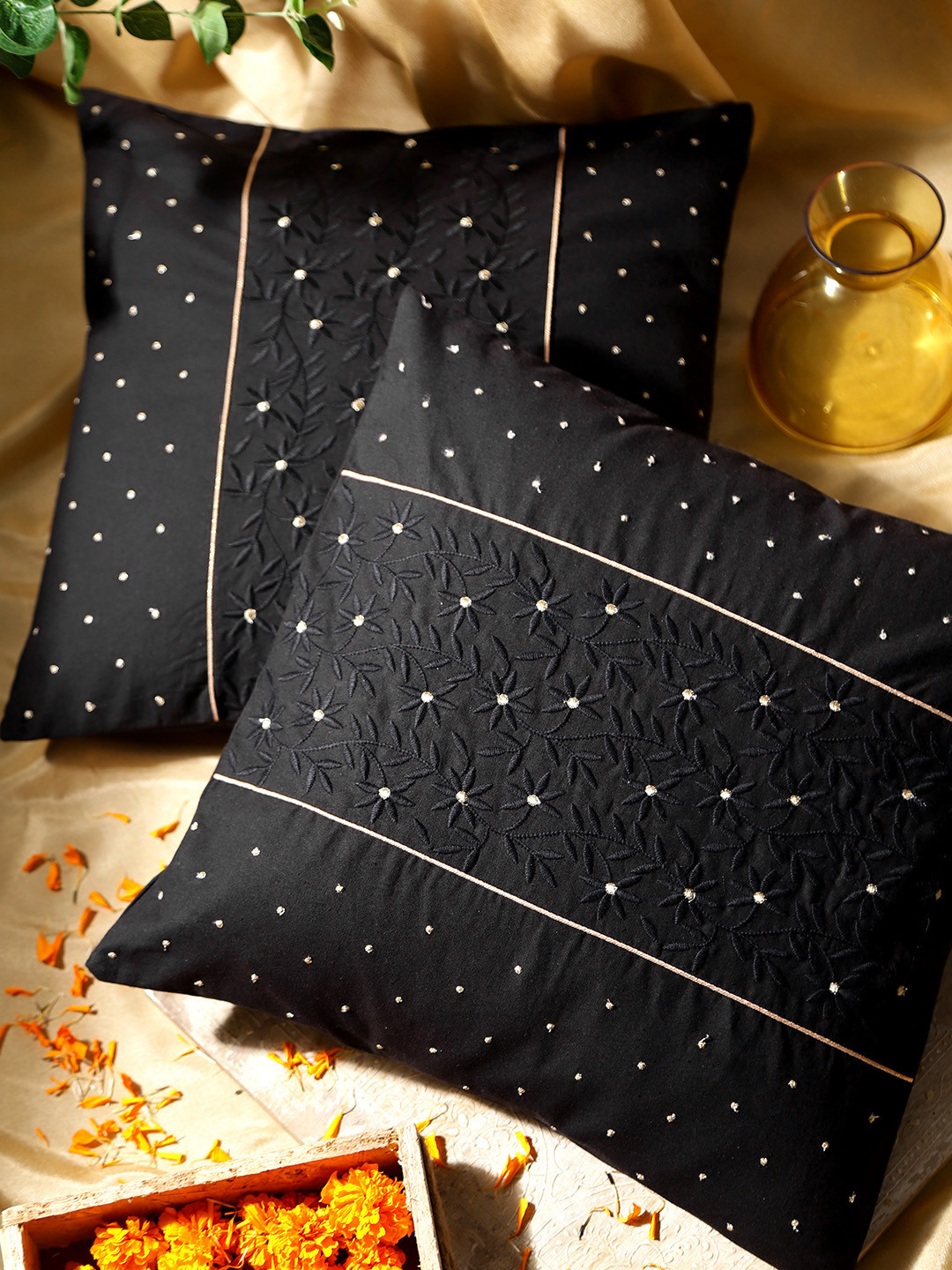 

House of Pataudi Set of 2 Black & Golden Chikankari Embroidered Square Cushion Covers