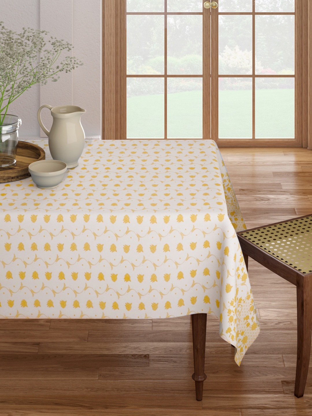 

House of Pataudi White & Yellow Cotton Rozana Ethnic Motifs 6-Seater Rectangle Table Cover