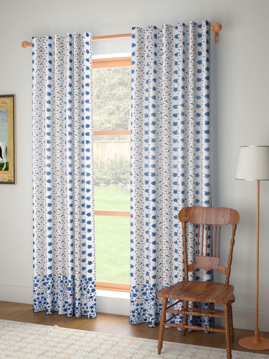 

House of Pataudi White & Blue Ethnic Motifs Print Cotton Flax Single Door Curtain