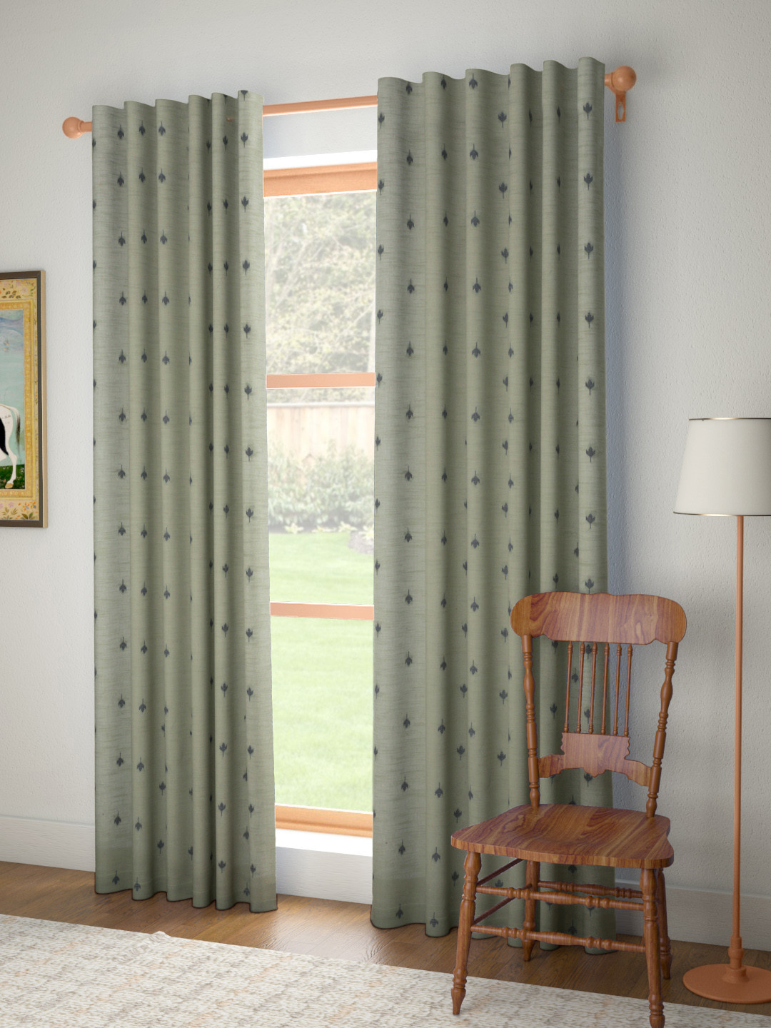 

House of Pataudi Olive Green & Black Floral Patterned Pure Cotton Single Door Curtain