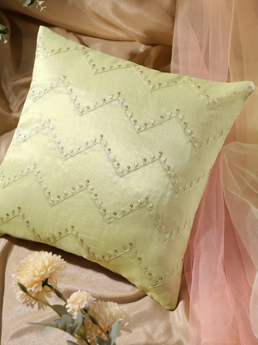 

House of Pataudi Lime Green & Golden Chikankari Meher Square Cushion Cover