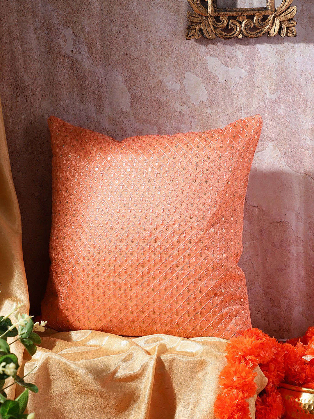 

House of Pataudi Peach-Coloured Embroidered Chikankari Meher Square Cushion Cover