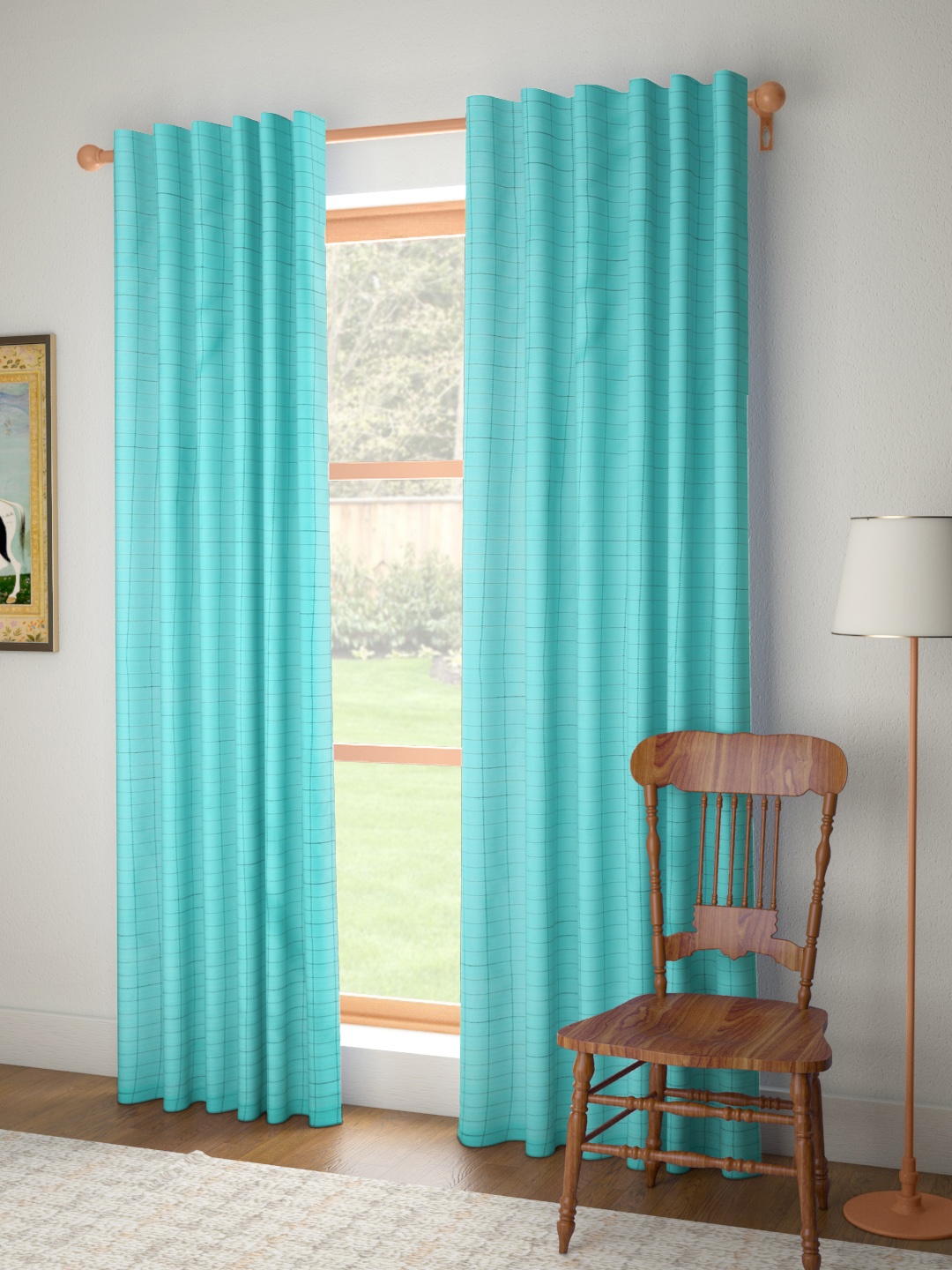 

House of Pataudi Sea Green & Black Self-Checked Single Door Curtain