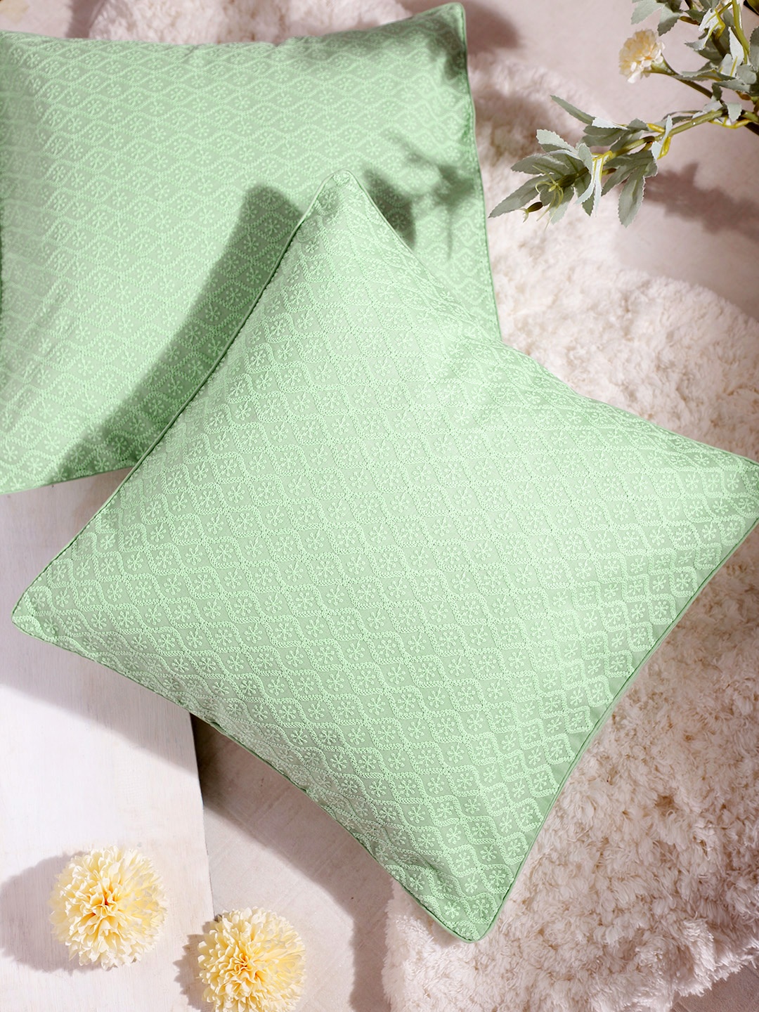 

House of Pataudi Set of 2 Pista Green Chikankari Meher Square Cushion Covers