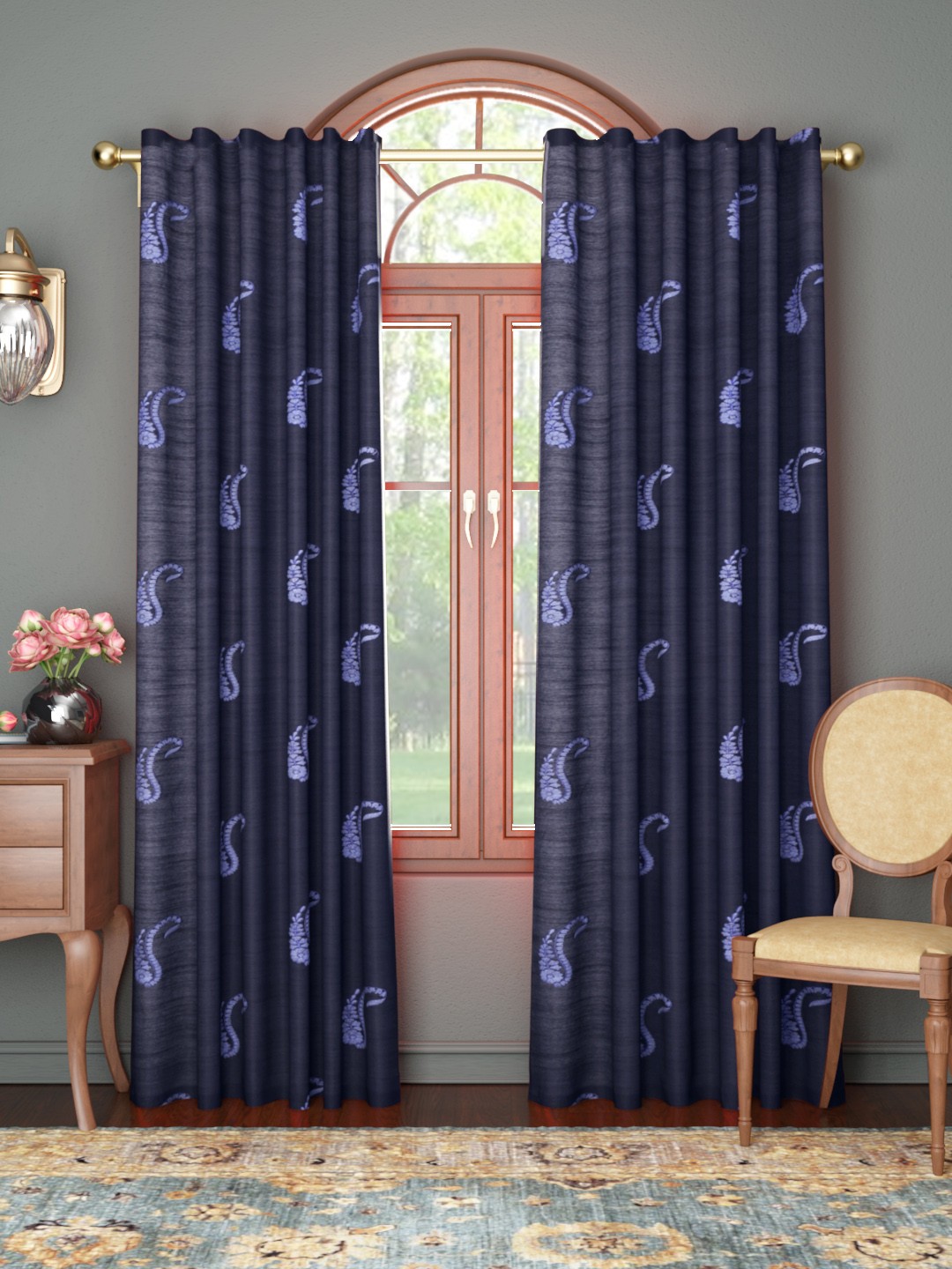 

House of Pataudi Navy Blue Single Floral Embroidered Door Curtain
