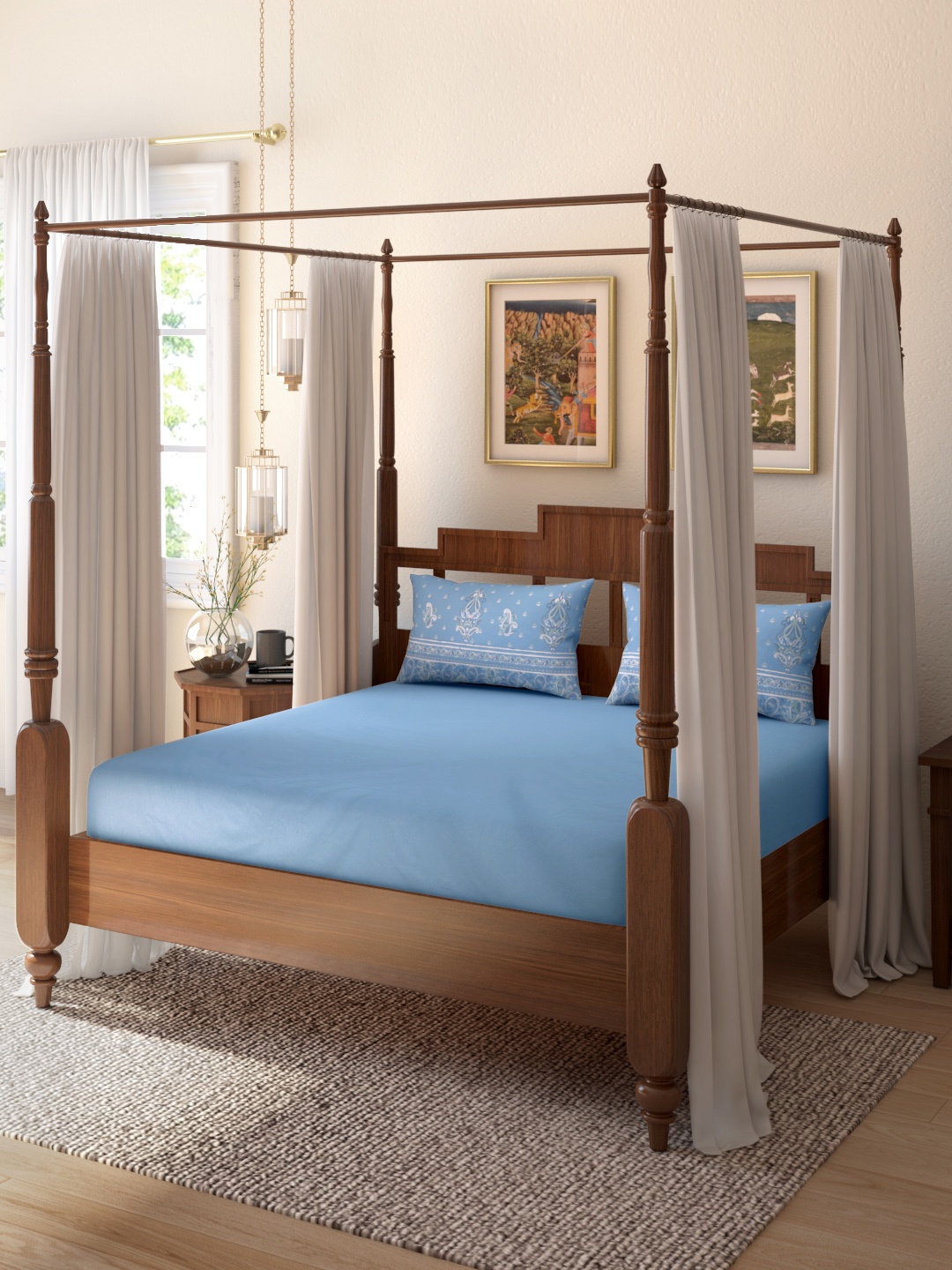

House of Pataudi Blue 226 GSM Cotton Solid Queen Bedsheet & 2 Printed Pillow Covers