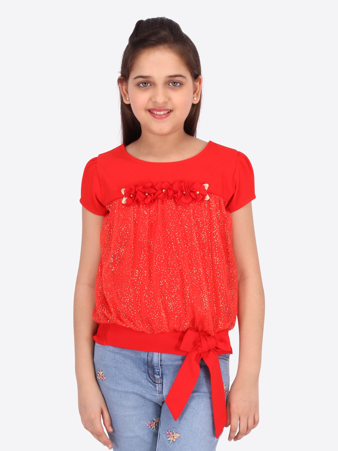 

CUTECUMBER Girls Red Printed Georgette Blouson Top