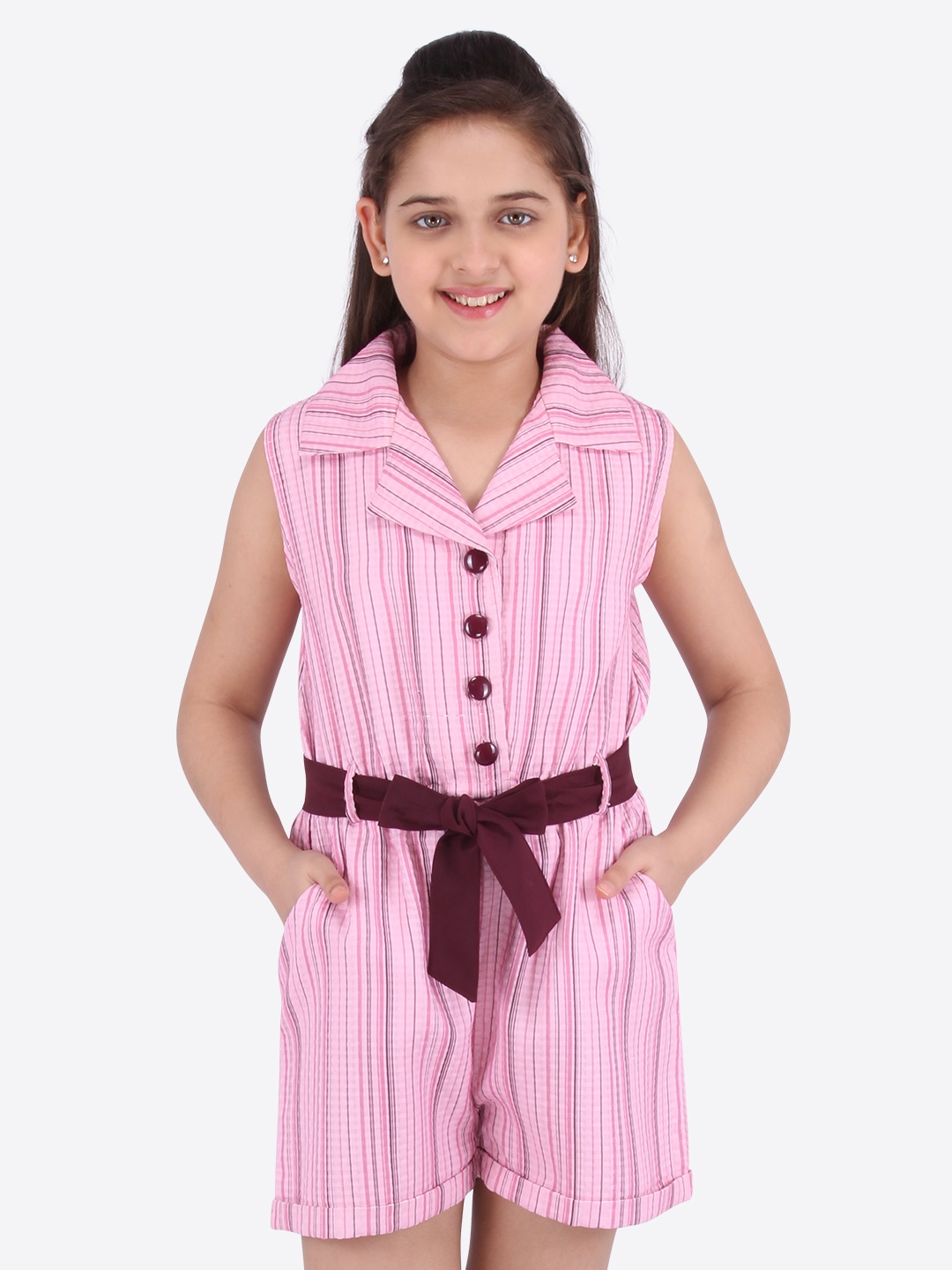 

CUTECUMBER Girls Pink & Maroon Striped Playsuit