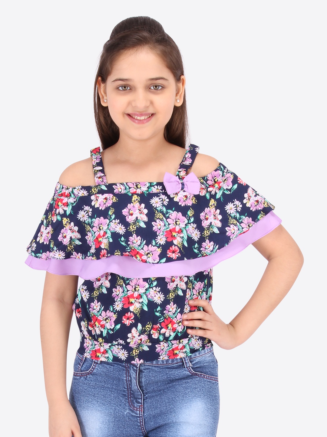 

Cutecumber Girls Navy Blue & Pink Floral Printed Top