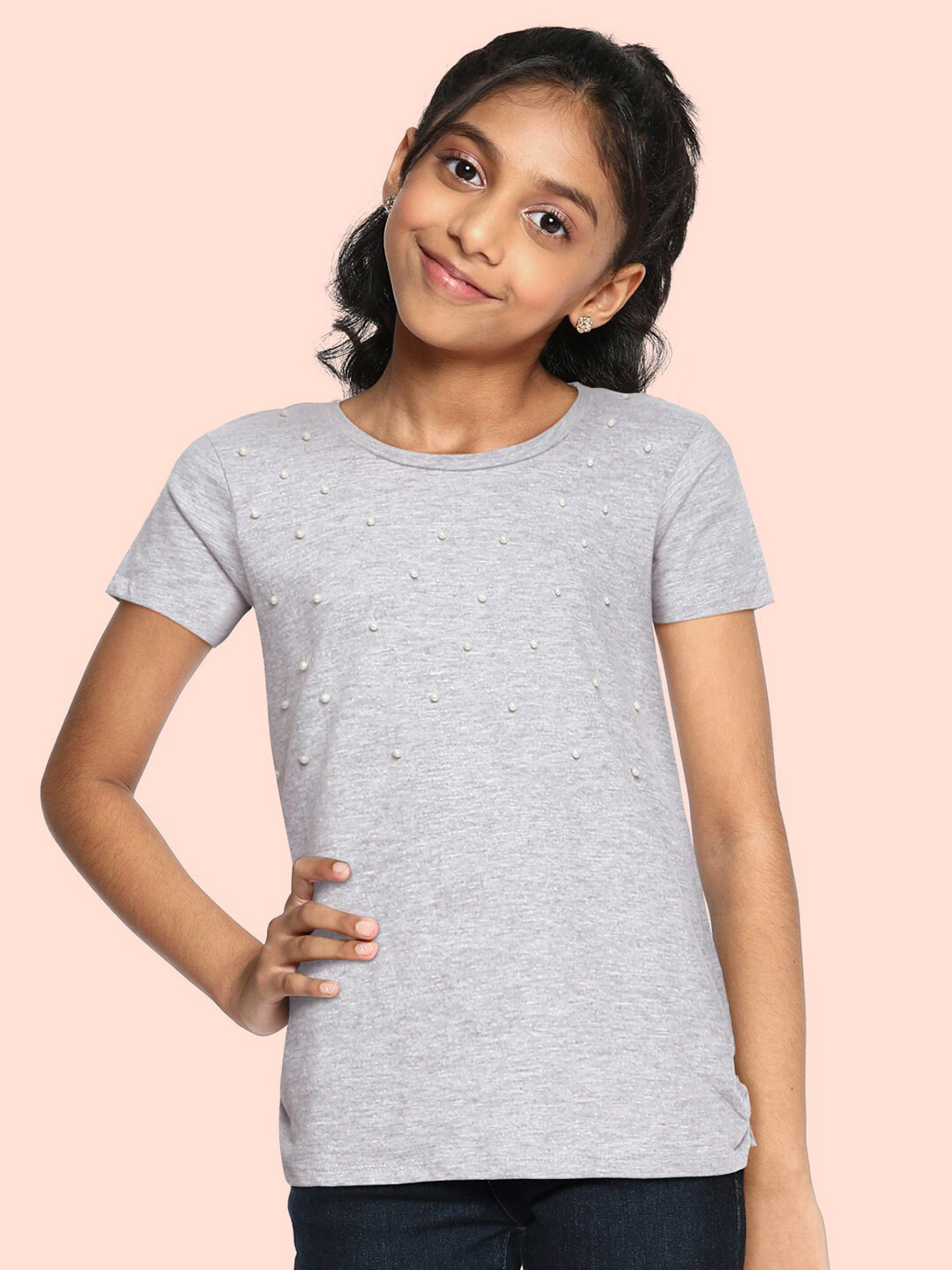 

Cherokee Girls Grey Solid Round Neck T-shirt