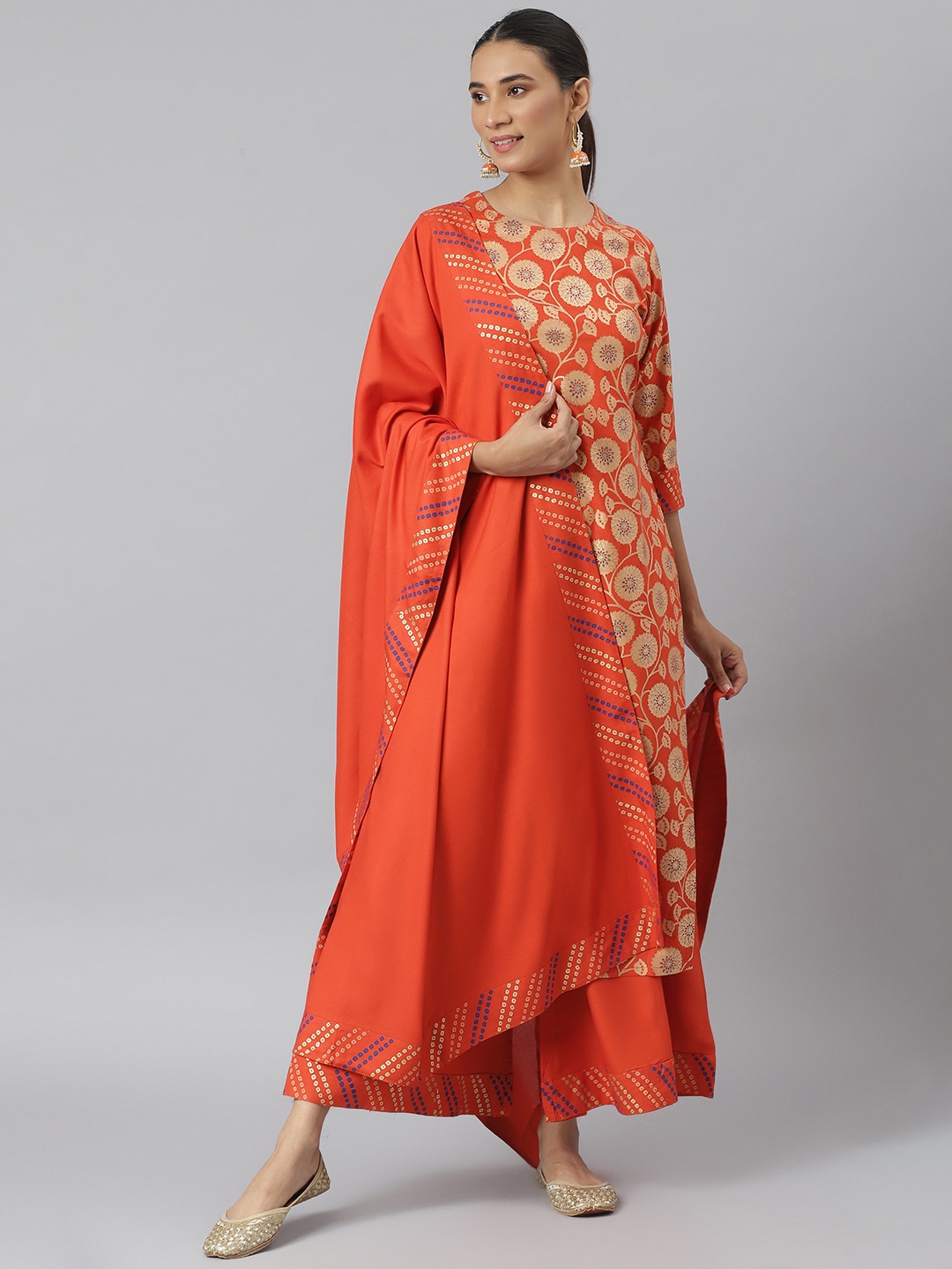 

Khushal K Women Red & Cream-Coloured Printed Kurta with Palazzos & Dupatta