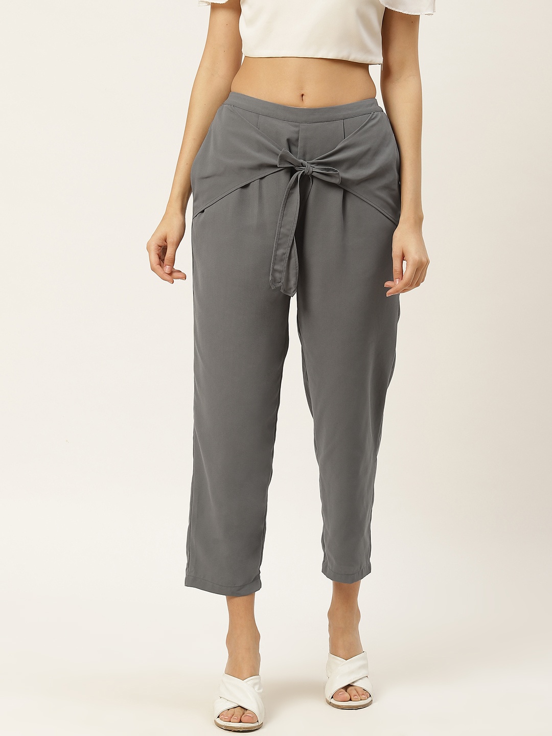 

DODO & MOA Women Grey Regular Fit Solid Front Tie-Up Trousers
