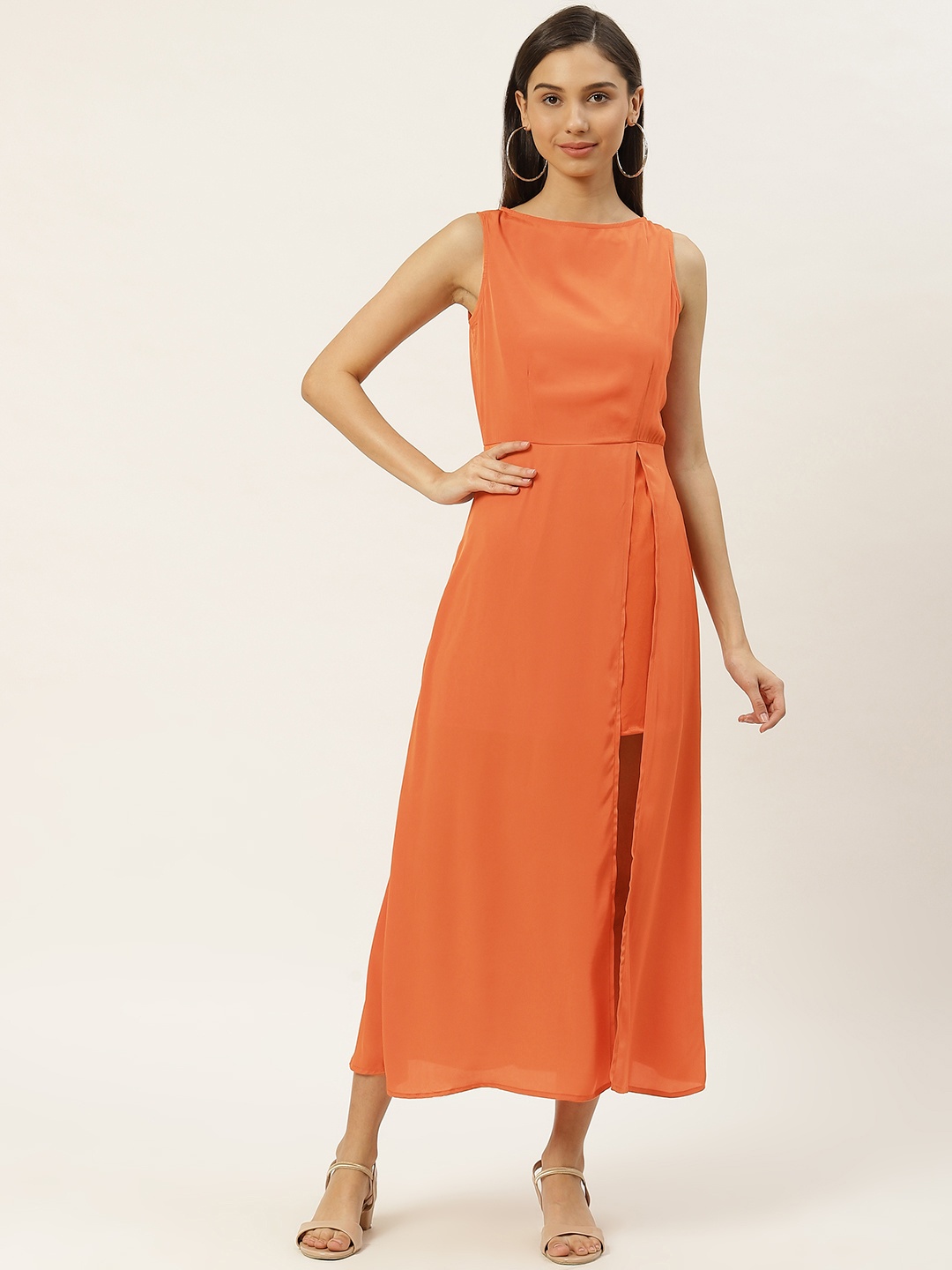

DODO & MOA Women Orange Solid Layered Semi-Sheer Maxi Dress