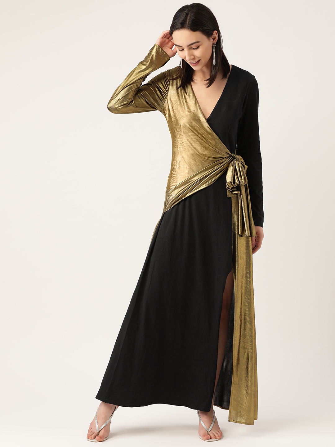 

DODO & MOA Women Golden Solid Sheen Maxi Dress With Twisted Detail, Gold