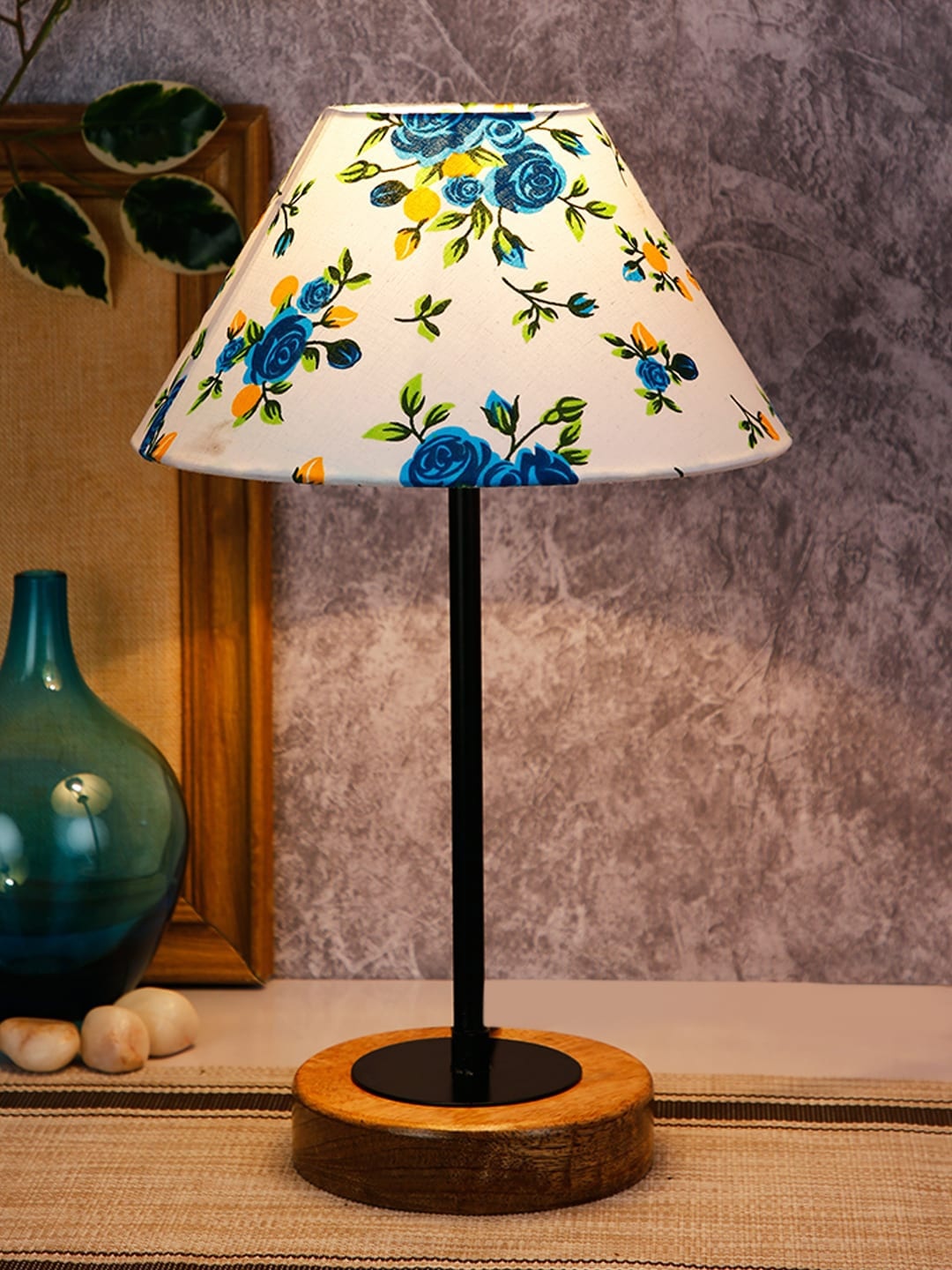 

Devansh White & Blue Printed Contemporary Bedside Standard Table Lamp with Shade