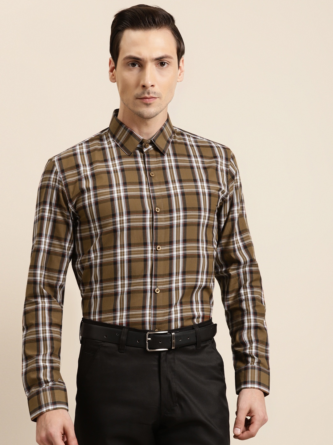 

SOJANYA Men Olive Brown & White Tartan Checked Regular Fit Cotton Formal Shirt