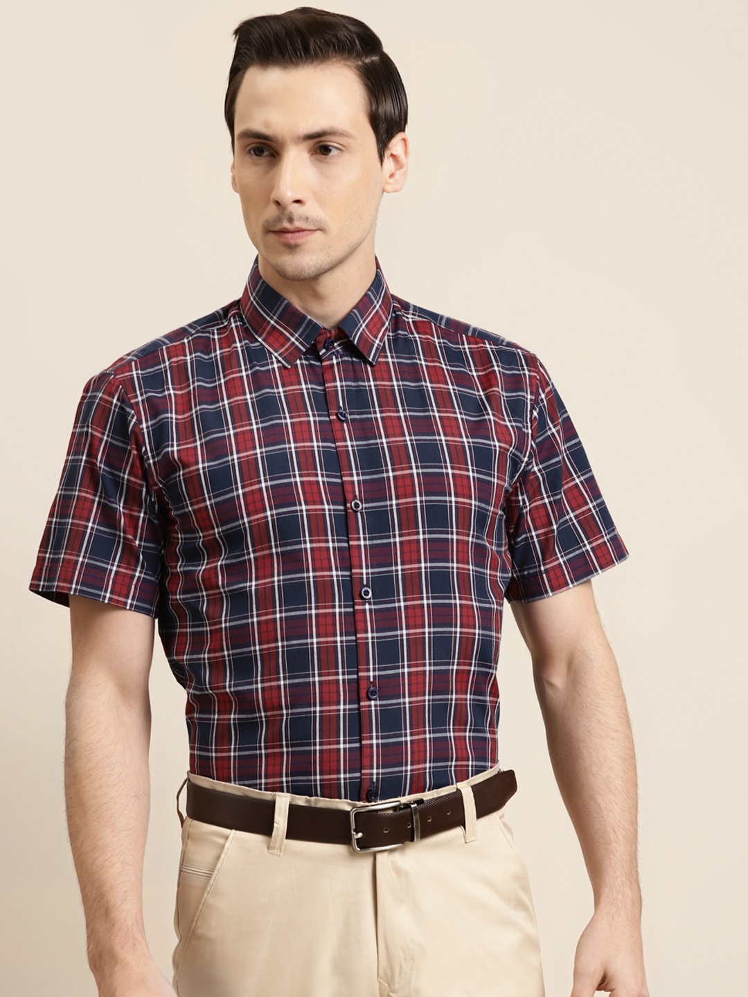 

SOJANYA Men Red & Navy Blue Tartan Checked Regular Fit Cotton Formal Shirt