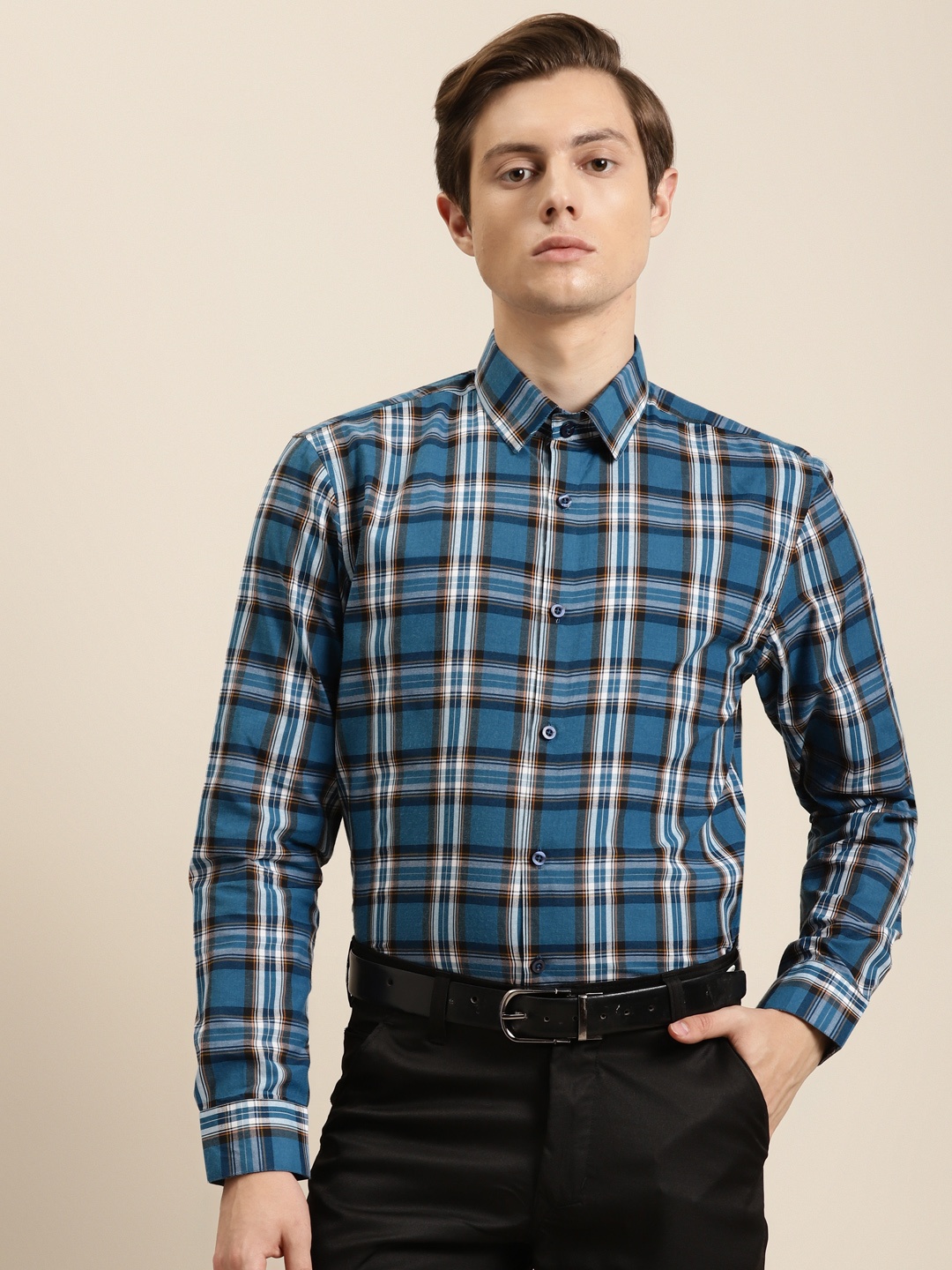 

SOJANYA Men Teal Blue & White Pure Cotton Regular Fit Checked Formal Shirt