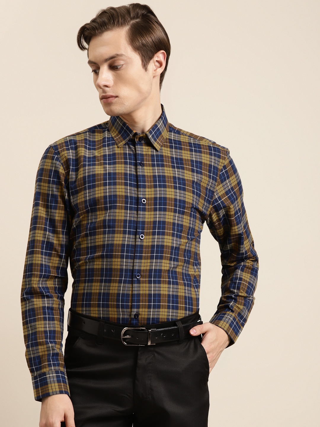 

SOJANYA Men Navy Blue & Mustard Yellow Pure Cotton Regular Fit Checked Formal Shirt
