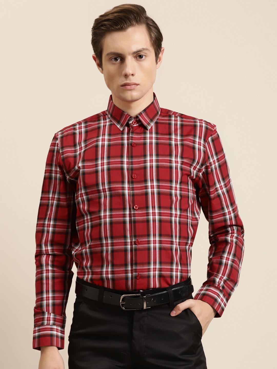 

SOJANYA Men Red & White Pure Cotton Regular Fit Checked Formal Shirt