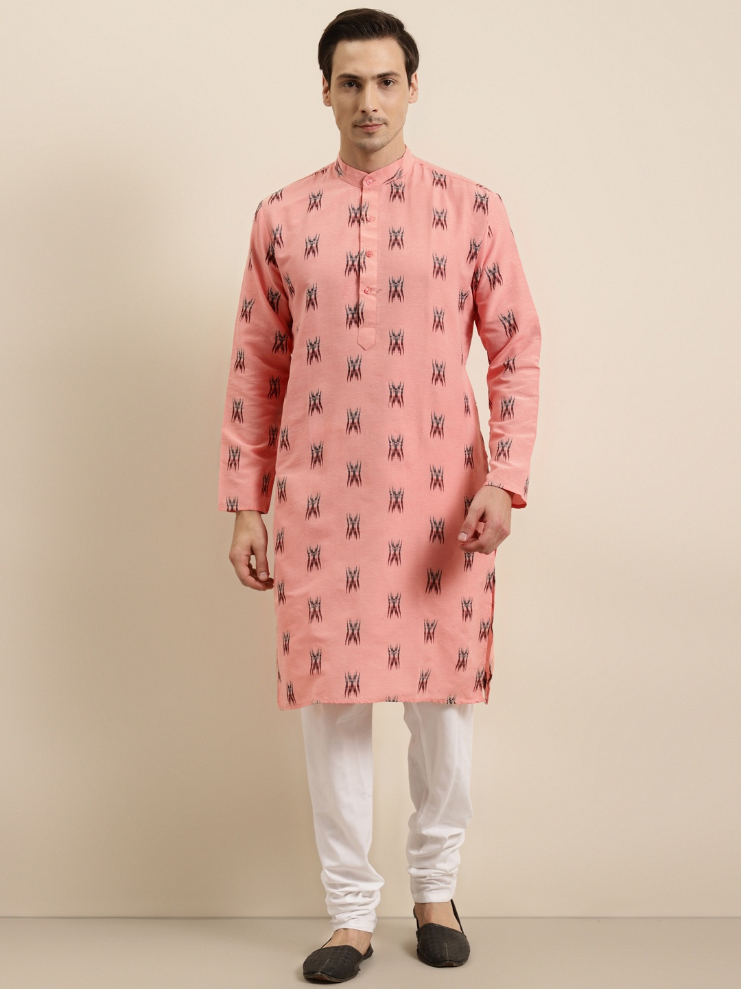 

SOJANYA Men Peach-Coloured & White Woven Design Cotton Kurta with Churidar