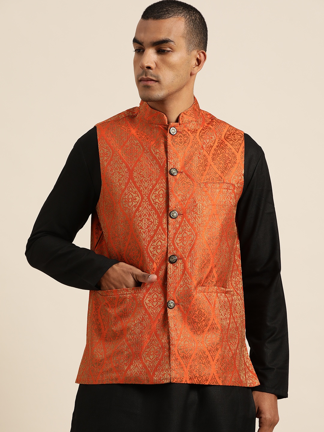 

SOJANYA Men Orange & Golden Woven Design Jacquard Silk Nehru Jacket
