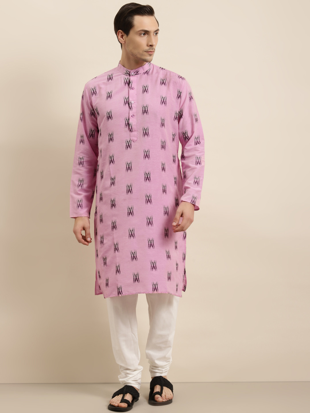 

SOJANYA Men Pink & White Woven Design Cotton Kurta with Churidar