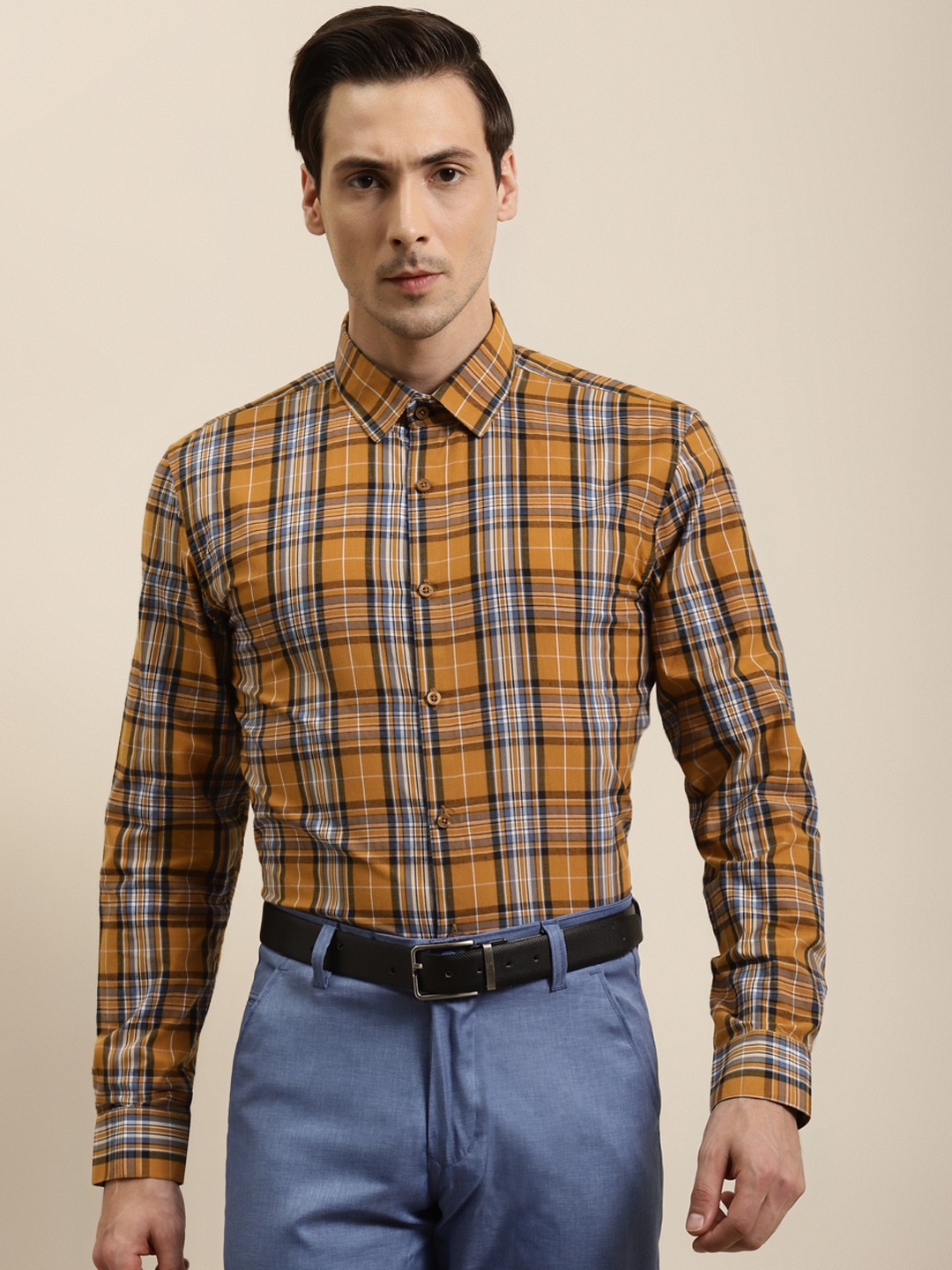 

SOJANYA Men Mustard Yellow & Blue Tartan Checked Regular Fit Cotton Formal Shirt