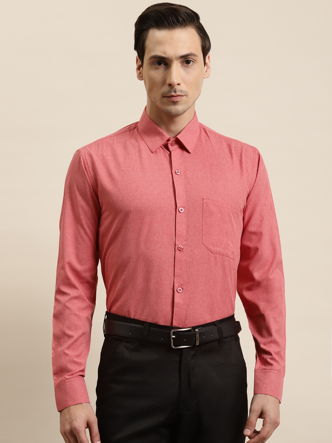 SOJANYA Men Coral Pink Pure Cotton Classic Regular Fit Solid Formal Shirt