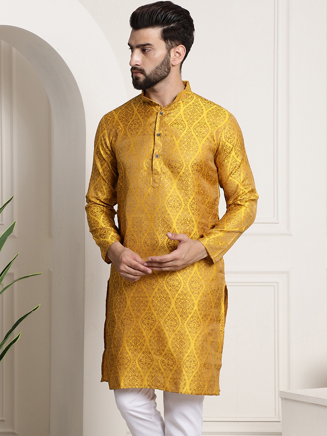 

Sojanya Men Mustard Yellow & Golden Ethnic Motifs Jacquard Kurta