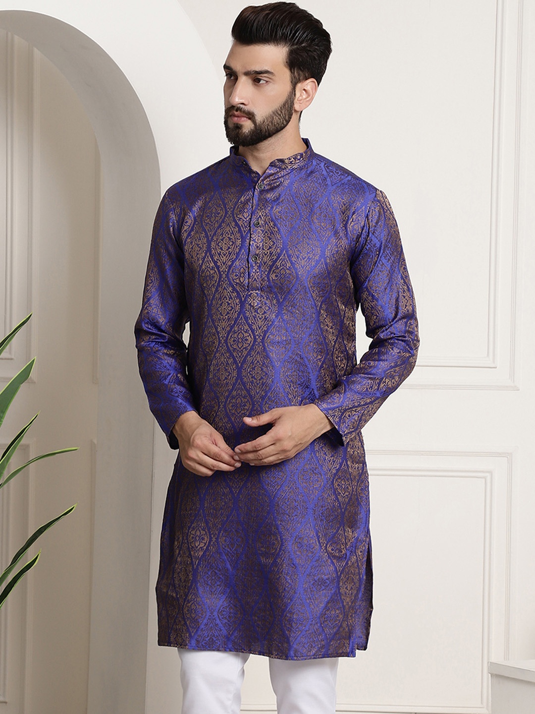 

Sojanya Men Blue & Golden Ethnic Motifs Jacquard Kurta