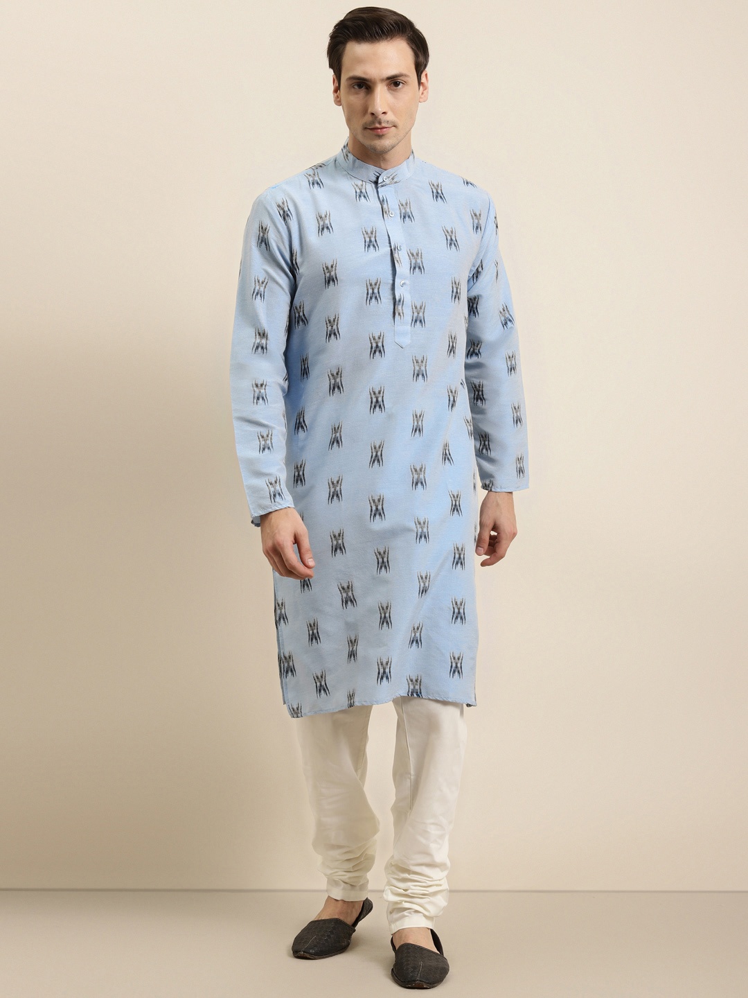 

Sojanya Men Yellow & Black Ikat Woven Design Pure Cotton Kurta, Blue