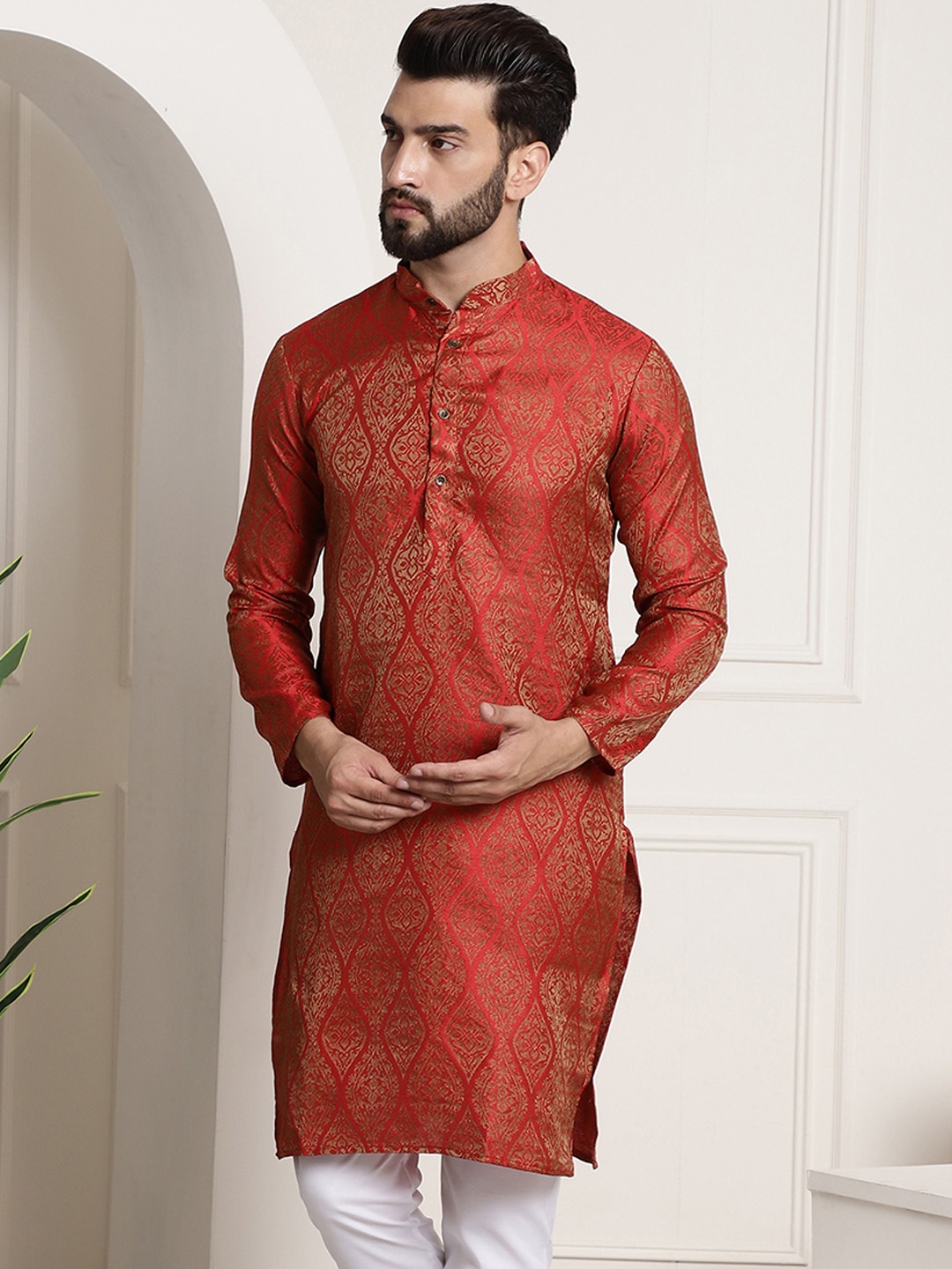 

Sojanya Men Red & Golden Ethnic Motifs Jacquard Kurta