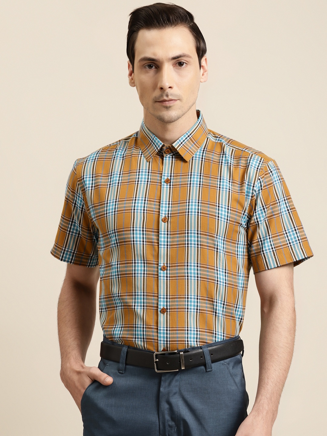 

SOJANYA Men Mustard Yellow & Green Tartan Checked Regular Fit Cotton Formal Shirt