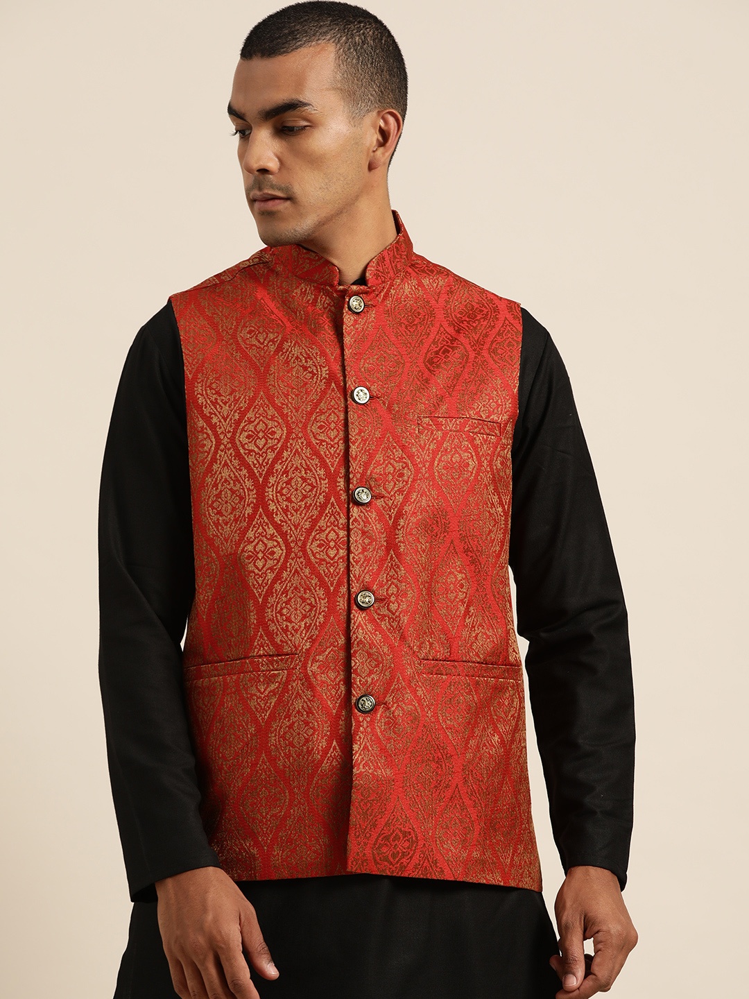 

SOJANYA Men Red & Golden Woven Design Jacquard Silk Nehru Jacket