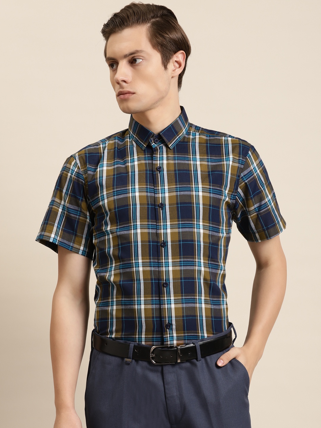 

SOJANYA Men Olive Green & Navy Blue Pure Cotton Regular Fit Checked Formal Shirt