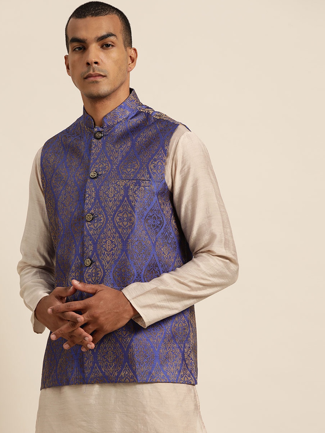 

Sojanya Men Blue & Gold Woven Design Nehru Jacket
