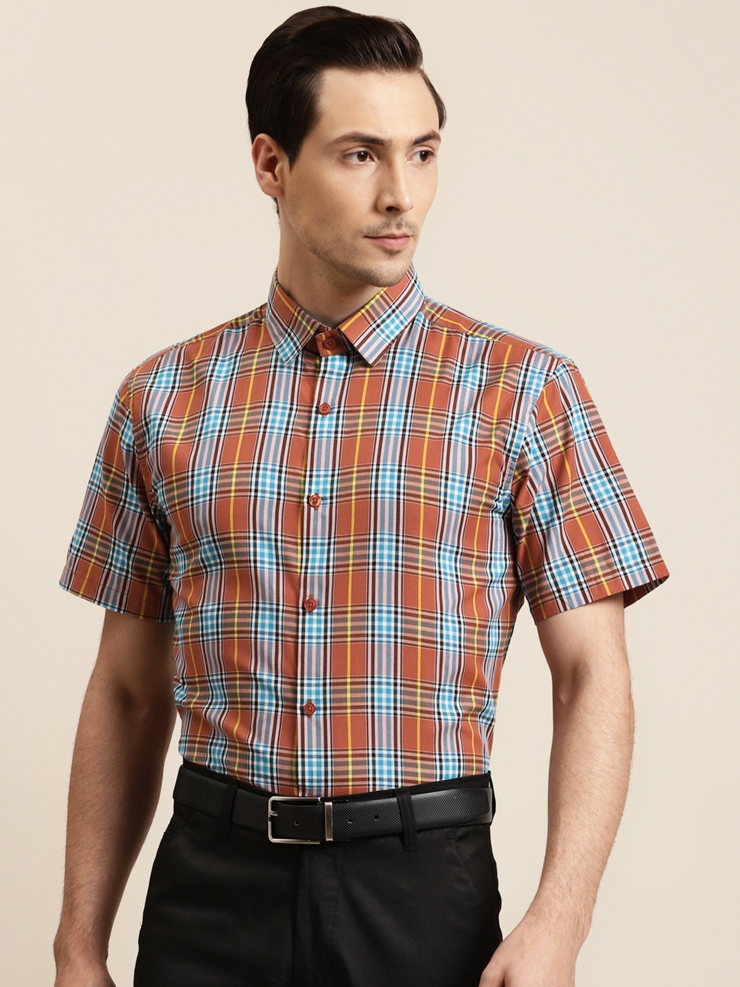 

SOJANYA Men Rust Brown & Blue Tartan Checked Regular Fit Cotton Formal Shirt