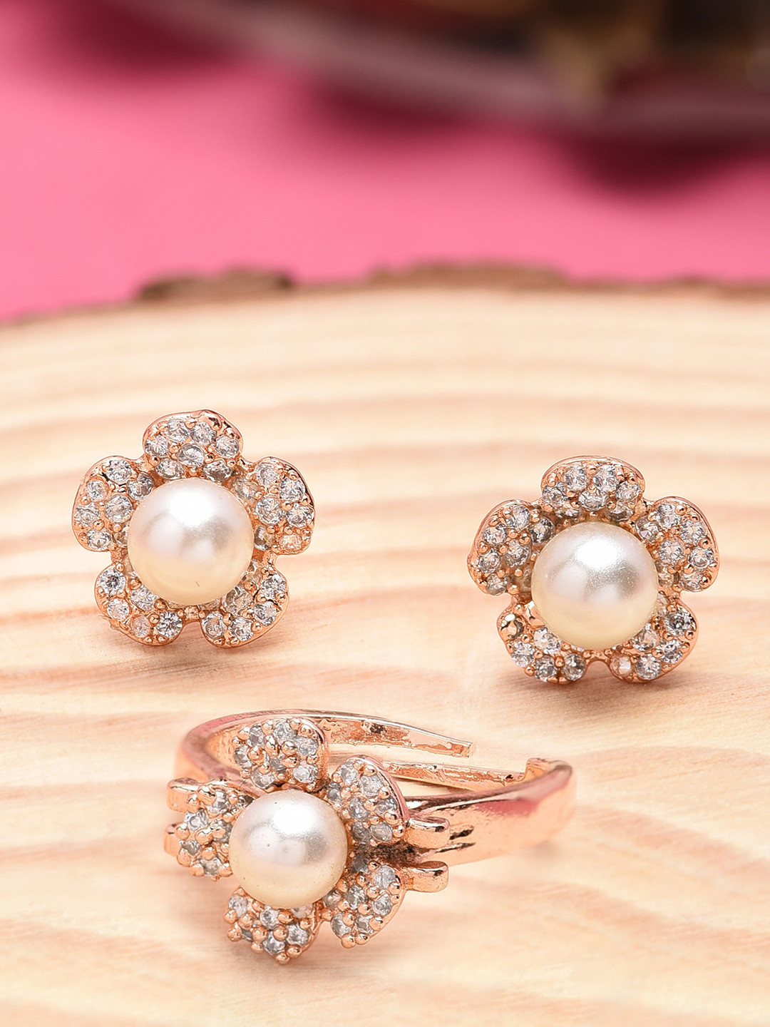 

Zaveri Pearls Rose Gold-Plated White CZ-Studded Beaded Jewellery Set