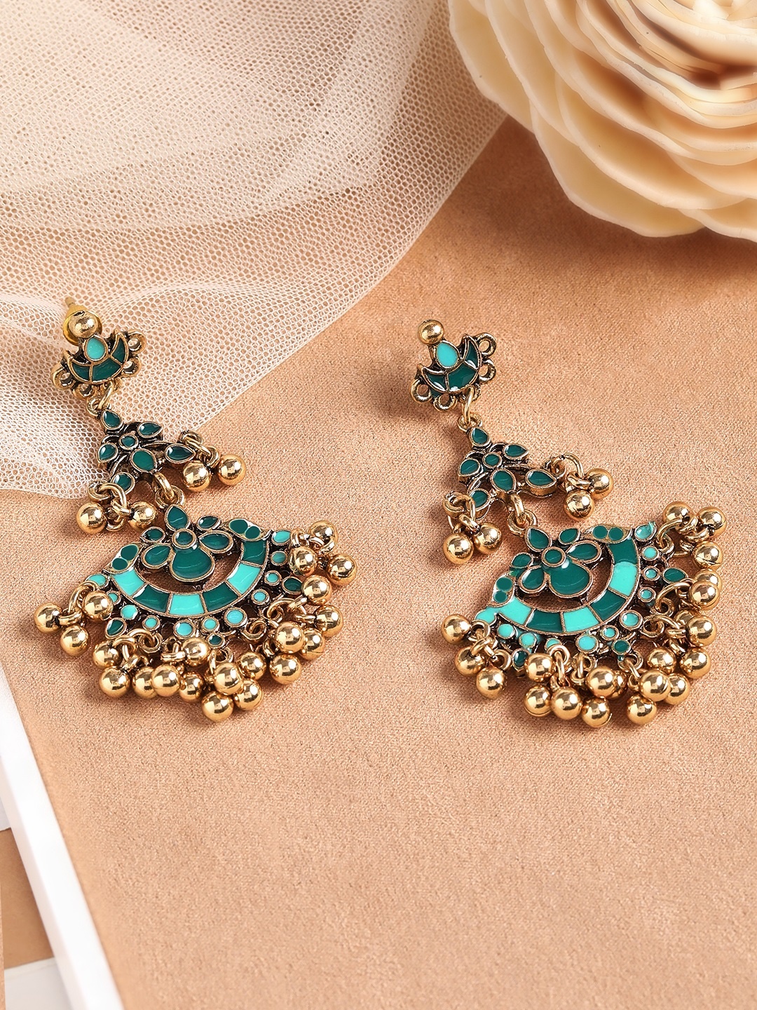 

Rubans Gold-Toned & Green Oxidised Handcrafted Classic Drop Earrings