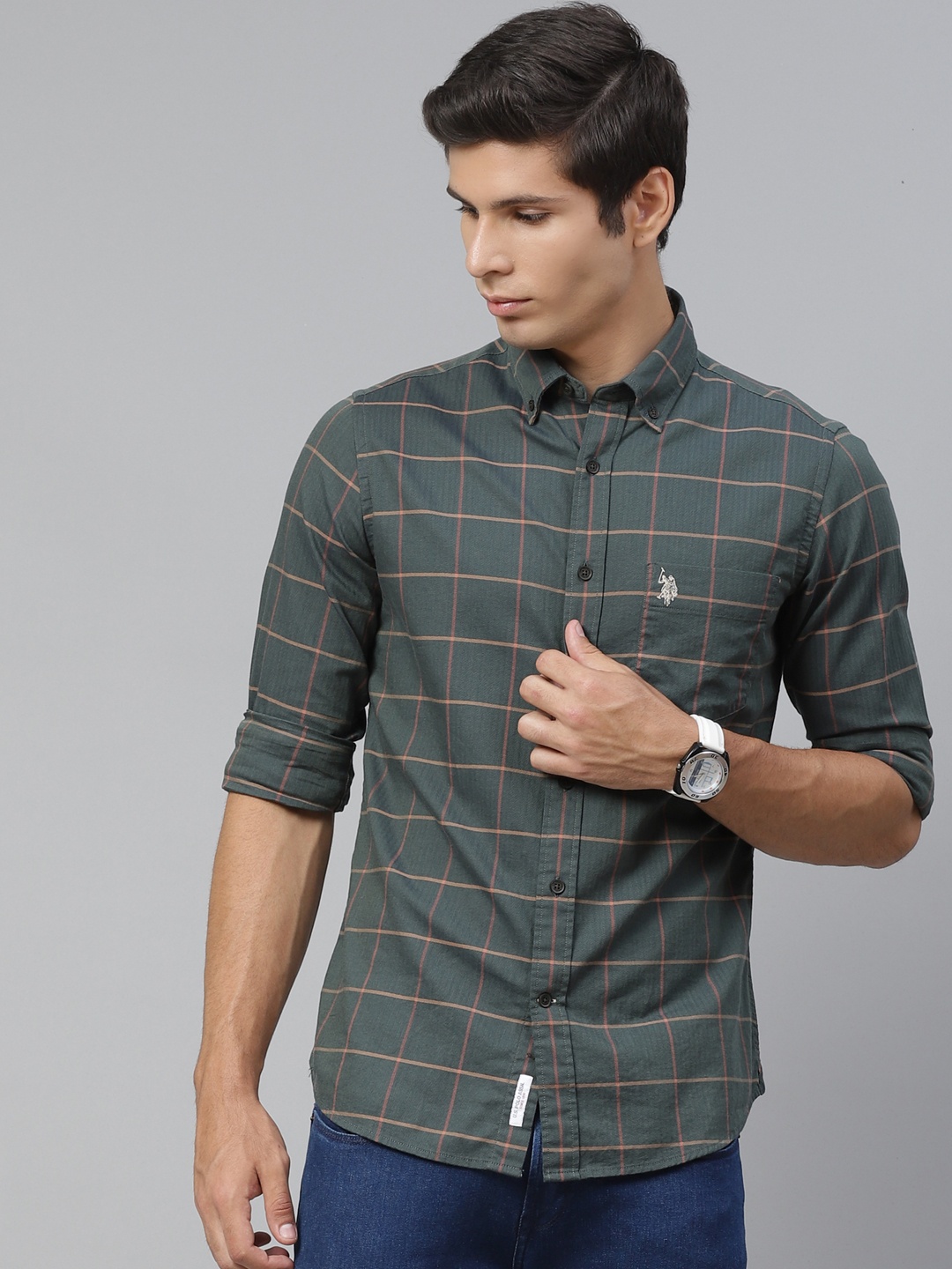 

U S Polo Assn Men Green Windowpane Checked Casual Shirt