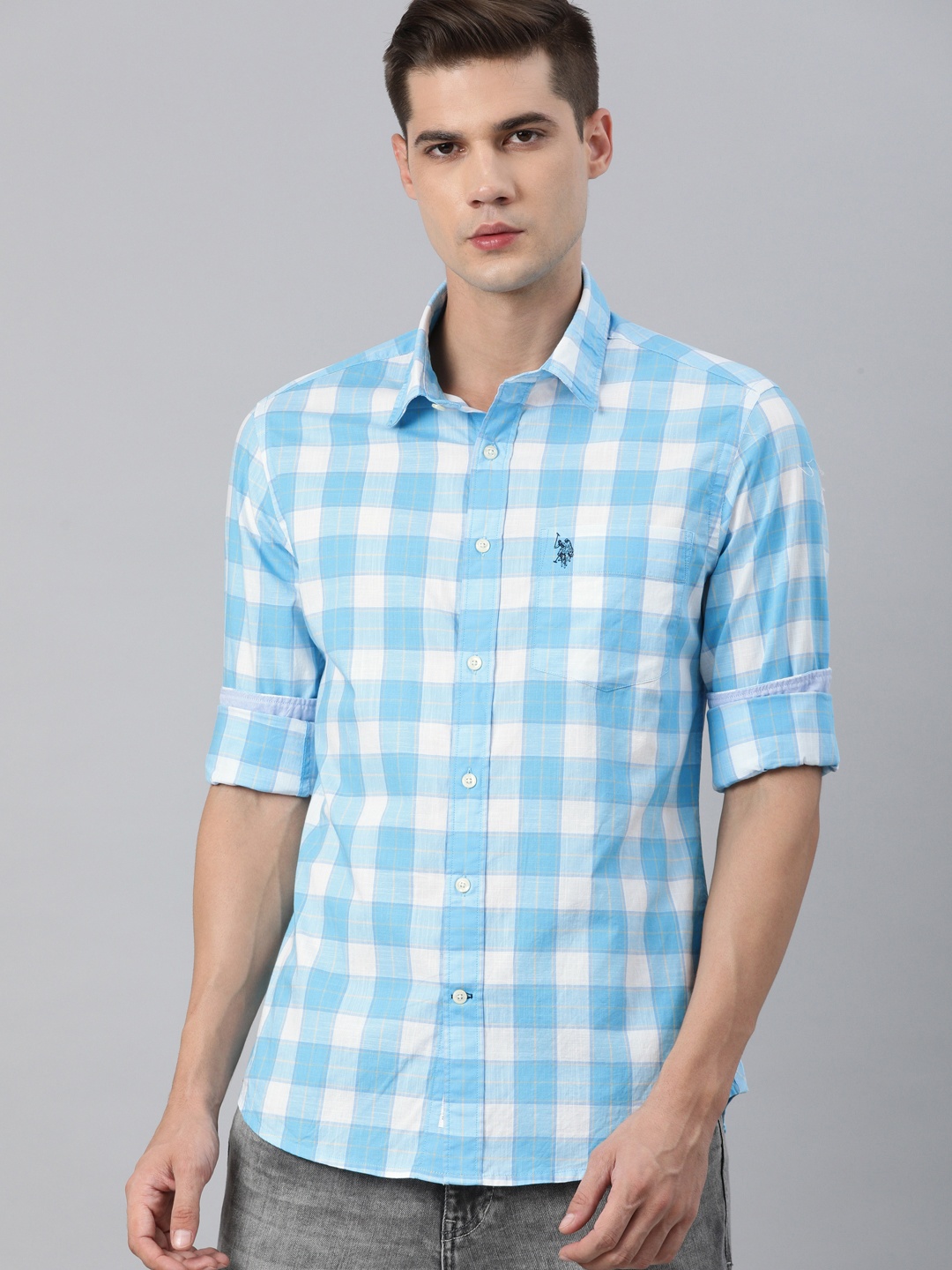 

U S Polo Assn Men White & Blue Checked Tailored Fit Cotton Casual Shirt