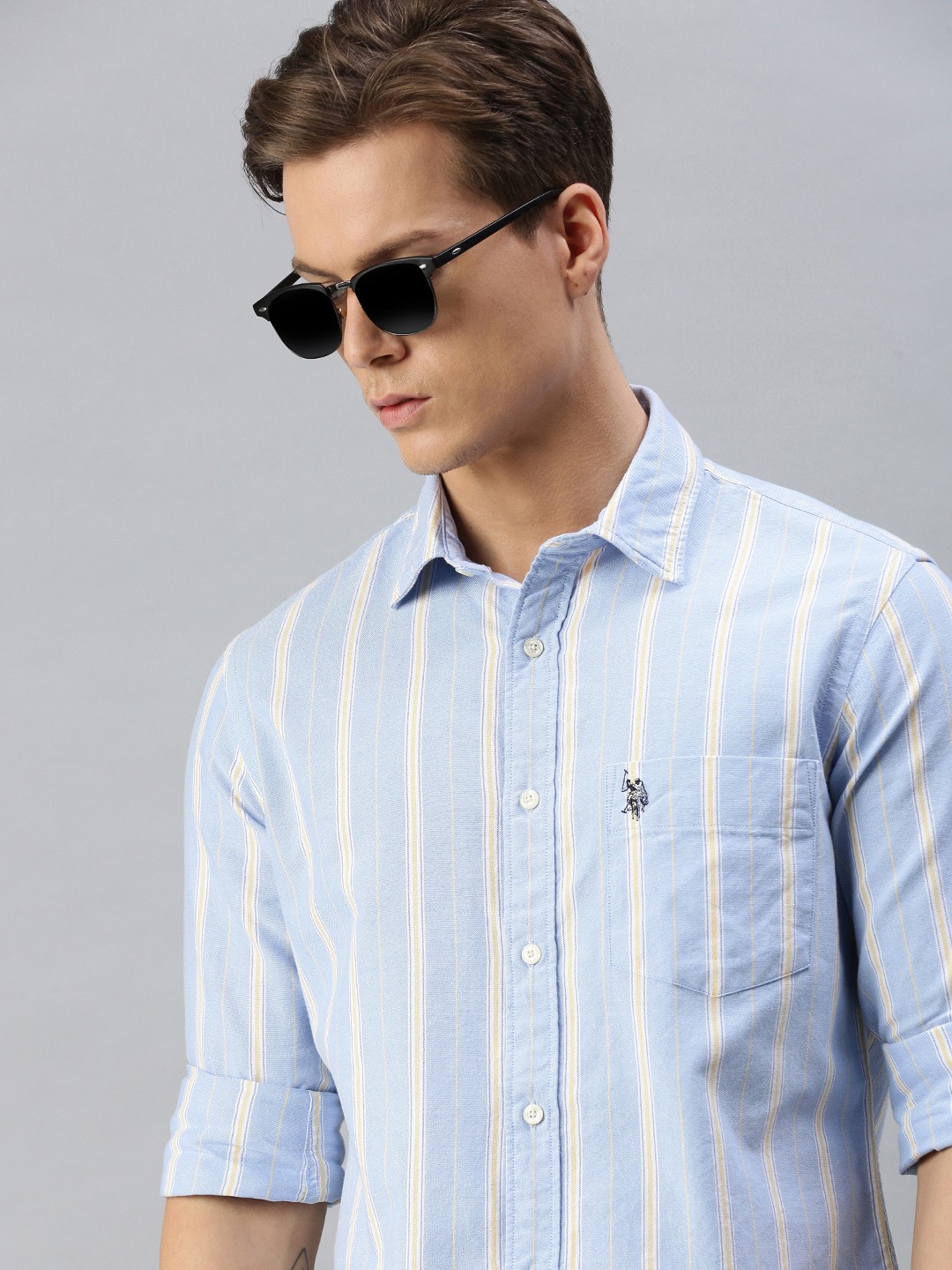 

U S Polo Assn Men Blue & Cream-Coloured Striped Tailored Fit Casual Shirt