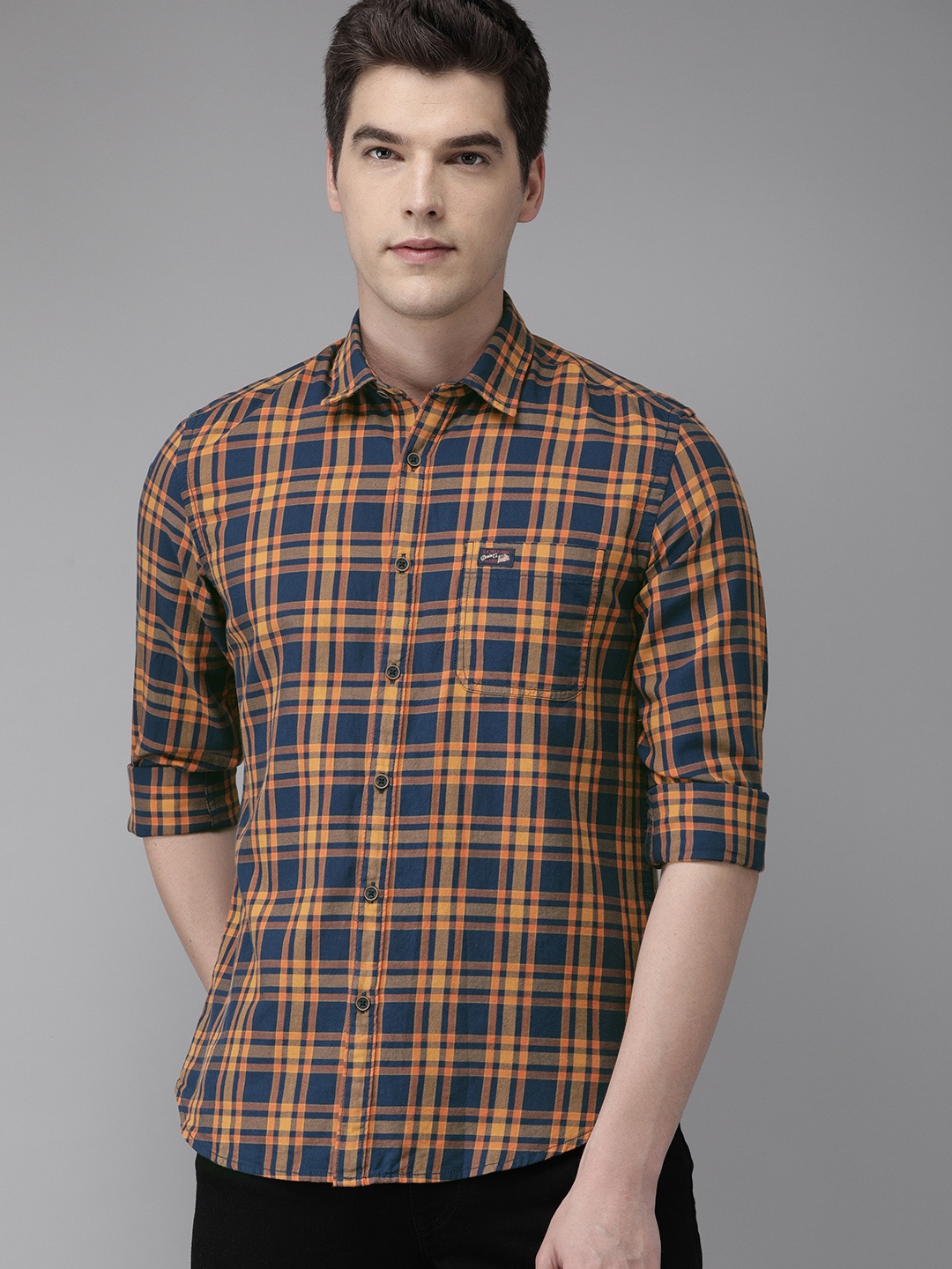 

U.S. Polo Assn. Denim Co. Men Orange & Navy Blue Regular Fit Checked Casual Shirt